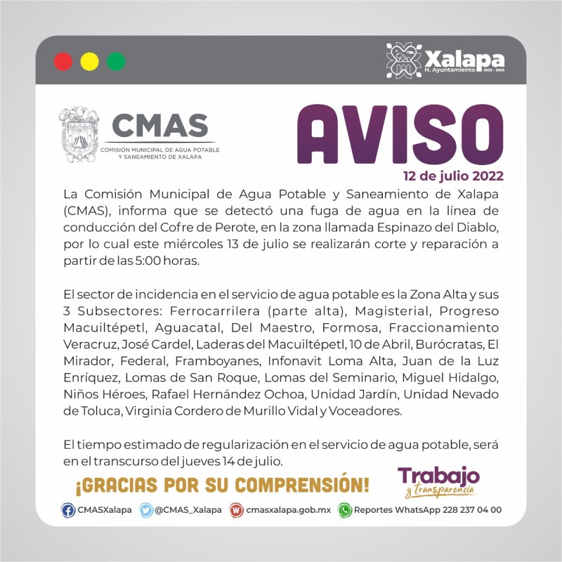 La Comisión Municipal de Agua Potable y Saneamiento de Xalapa (CMAS
